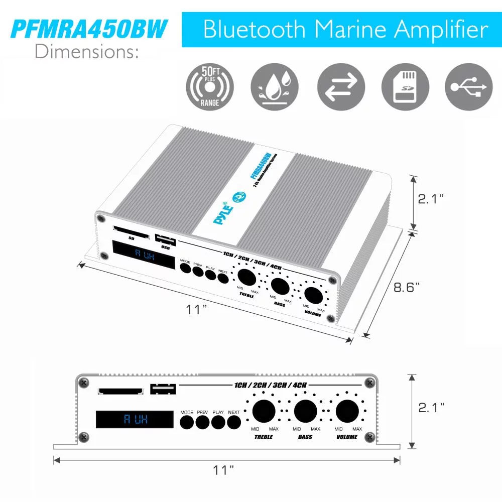 4 Channel 400 Watt Marine Amp Amplifier Bluetooth Receiver Sound System