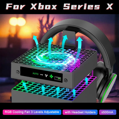 For Xbox Series X Console Cooling Fan RGB Cooling Fan 3 Levels Adjustable Speed with Headphone Stand Fan for Xbox Series X DC 5V